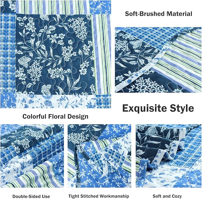 Cmfshape Summer Floral King Quilted Bedspread,Romantic Pink Quilt Set,Reversible Stitched Bedding Cover All Season,Soft Lightweight Coverlet with Pillow Cases (Blue&White, King(102"x90"))