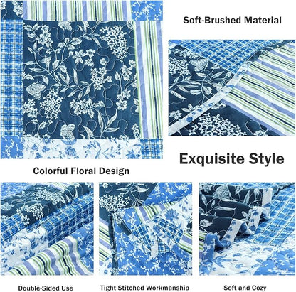 Cmfshape Summer Floral King Quilted Bedspread,Romantic Pink Quilt Set,Reversible Stitched Bedding Cover All Season,Soft Lightweight Coverlet with Pillow Cases (Blue&White, King(102"x90"))