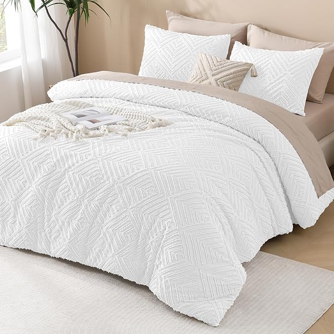 Andency White Oversized King Comforter 120"x120", 3 Pieces White Super King Boho Bedding Set & Collections, Farmhouse Tufted Fluffy Bed Set (1 Comforter, 2 Pillowcases)