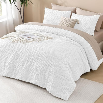 Andency White Oversized King Comforter 120"x120", 3 Pieces White Super King Boho Bedding Set & Collections, Farmhouse Tufted Fluffy Bed Set (1 Comforter, 2 Pillowcases)