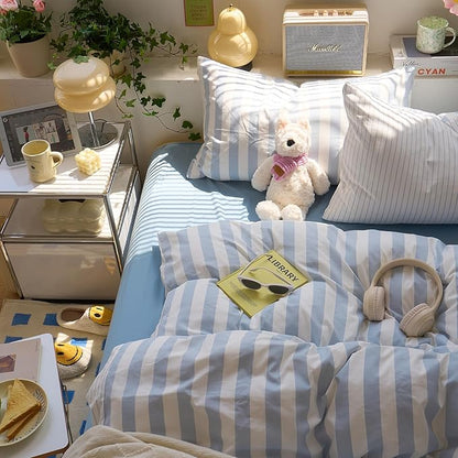 Blue Striped King Duvet Cover Boho Soft King Size Comforter Cover Reversible Farmhouse Cute College Duvet Cover Set with Hidden Zipper Dorm Bedding for Boys Washed Microfiber Duvet Protector