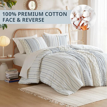 Ink+Ivy Comforter for Queen Size Bed, Chenille Tufted, Breathable Cotton Comforter Set Queen, All Season Modern Boho Comforter with Farmhouse Bedding Flare, 2 Matching Shams, Queen White/Navy 3 Piece