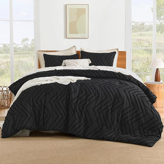 Litanika Oversized King Comforter Set Super King 120x120, 3 Pieces Boho Chevron Tufted Bedding Comforter Sets, Fluffy Bed Set Black