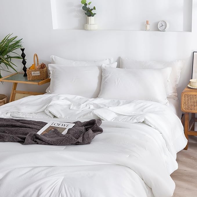 COTTEBED Super Soft King Size Comforter Set with Sheets - 7 Pieces KING BED IN A BAG Modern Farmhouse Hotel PolyCotton Down Comforter and Bedding Sheet Set Pillow Sham Lightweight All Season Use White