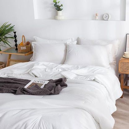 COTTEBED Ultra-Soft Queen Bed Set with Comforter and Sheets - 7 Pieces Bed in a Bag Lightweight All Season, Aesthetic Boho Hotel Polycotton Queen Down Comforter and Bedding Sheet Set Pillowcase White