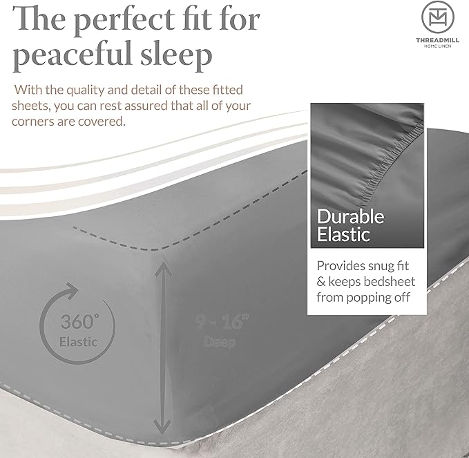 Threadmill Cotton Full Size Sheet Set| 100% Cotton Sheets for Full Size Bed | Solid Sateen Full Bed Sheets Set with 16” Elasticized Deep Pocket | Soft Breathable 4-Piece Cooling Sheet Set | Dark Grey