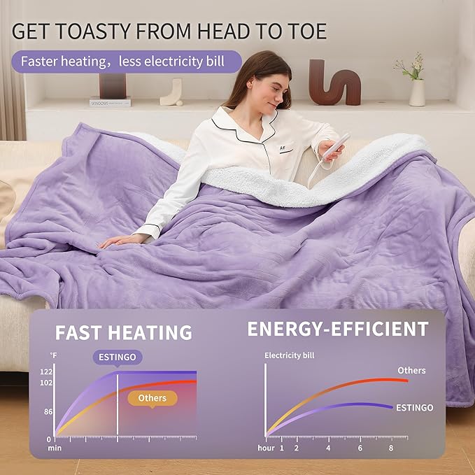 ESTINGO Electric Blanket Twin Size, 62"x84" Twin Heated Blanket with Overheating Protection and ETL Certification, Super Cozy Soft Flannel and Sherpa with 5 Levels & 10 Hours Auto Off, Lavender Violet
