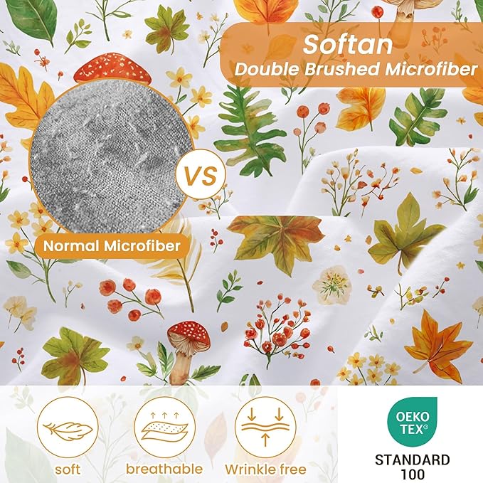 Softan Orange Floral Queen Size Sheet Set, Printed Microfiber Fitted Sheet with 15" Deep Pockets & Non-Slip Straps, Maple Leaves & Mushroom Patterned Bedding Sheets & Pillowcase Set