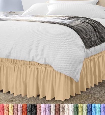 Wrap Around Ruffle Queen Size Bed Skirt – Adjustable Buckle & Elastic Belt for Easy Installation, 16 Inch Drop – Brushed Microfiber - Machine Washable, Fade and Wrinkle Resistant, Beige