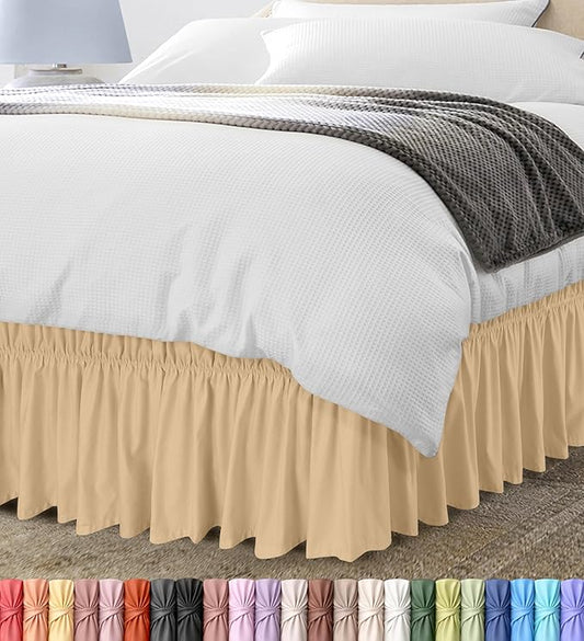 Wrap Around Ruffle Queen Size Bed Skirt – Adjustable Buckle & Elastic Belt for Easy Installation, 16 Inch Drop – Brushed Microfiber - Machine Washable, Fade and Wrinkle Resistant, Beige