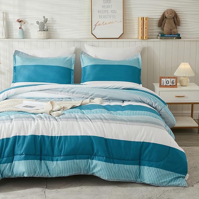 Litanika Teal White Comforter Twin Set, XL Twin Comforter Striped Bedding Comforter Set, 2 Pieces Lightweight Soft All Season Down Alternative Comforter