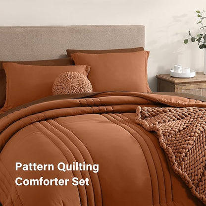 Monbix Queen Comforter Set - 7 Pieces Burnt Orange Bed in a Bag Queen Bedding Sets with Comforters, All Seasons Comforter Bed Set with Sheets, Pillowcases & Shams