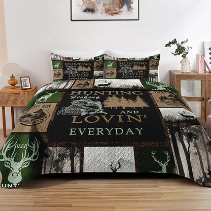 Quilt Set Twin Size, Cabin Deer Animal Tree 2 Pcs Soft Bed Cover Bedding Set for Kids and Adults, Rustic Mountains Gray Lightweight Bedspread Coverlet with Pillow Sham for All Season