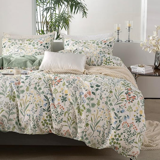 Floral Comforter Set Full Soft Bedding Comforter Set 3 Pieces Garden Style Green Red Flower Print Botanical Flowers Comforter Set for All Seasons 1 Comforter and 2 Pillowcases (Floral, Full)