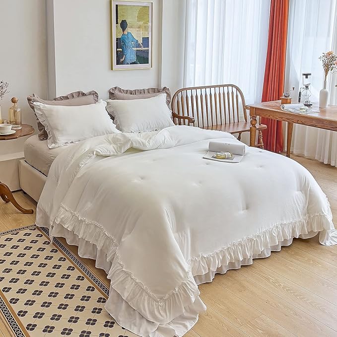AIKASY White Comforters Twin Size Set, Vintage Boho Chic Farmhouse Bedding Sets Shabby Ruffle Queen Bed Comforter Bedding 3PCS（1 Comforter and 2 Pillowcases）