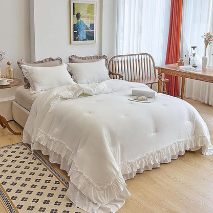 AIKASY White Comforters Twin Size Set, Vintage Boho Chic Farmhouse Bedding Sets Shabby Ruffle Queen Bed Comforter Bedding 3PCS（1 Comforter and 2 Pillowcases）