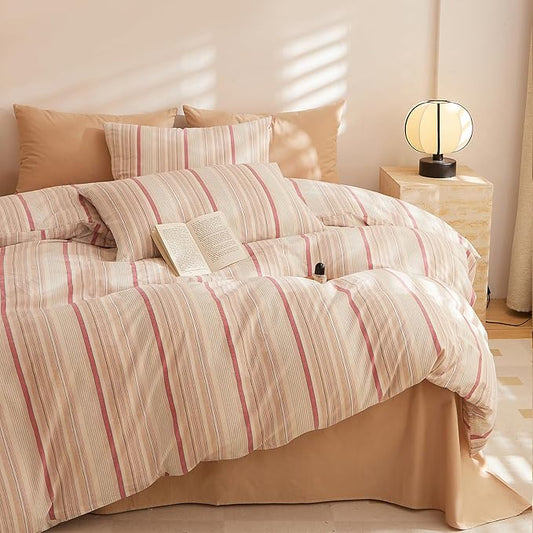 HighBuy Twin XL Size Comforter Set,Striped Bedding Set 3 Piece Brown Pink Stripes Pattern Printed Comforter Fluffy Lightweight Bedding Comforter Set for Teen Girls,1 Comforter,2 Pillowcases