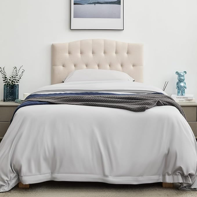 Tufted Upholstered Twin Headboard Only, Adjustable Heige 38-50 in, Beige | Twin Size Headboard for Dorm Bed, Durable Linen Fabric Headboards, Twin XL Headboard with Modern Diamon Design Wood