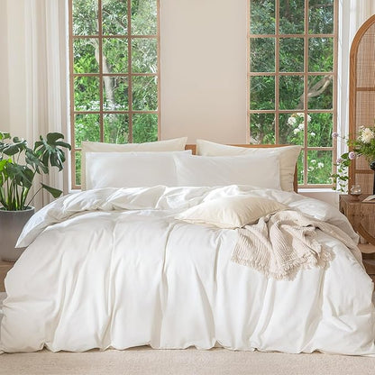 MooMee Bedding Duvet Cover Set 100% Washed Cotton Linen Like Textured Breathable Durable Soft Comfy (Solid Off White, Oversized King Plus 128"x120")