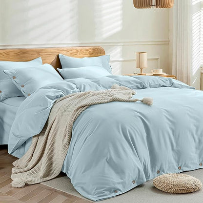 JELLYMONI Cotton Duvet Cover Cal King Size - Light Blue Comforter Cover with Button 100% Washed Cotton 3PCS Breathable Soft Solid Bedding Set Duvet Cover 104×98in & 2 Pillowcases (NO Comforter)