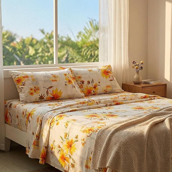 JSD Fall Floral Sheet Set Full Size, 4 Piece Yellow Printed Microfiber Bedding Sheets Extra Deep Pocket