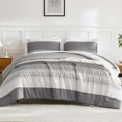 Litanika Dark Grey Bed Comforter Set Twin Size, 2 Pieces Lightweight Striped Bedding Comforter Set, Soft All Season Down Alternative Comforter (1 Comforter, 1 Pillowcase)