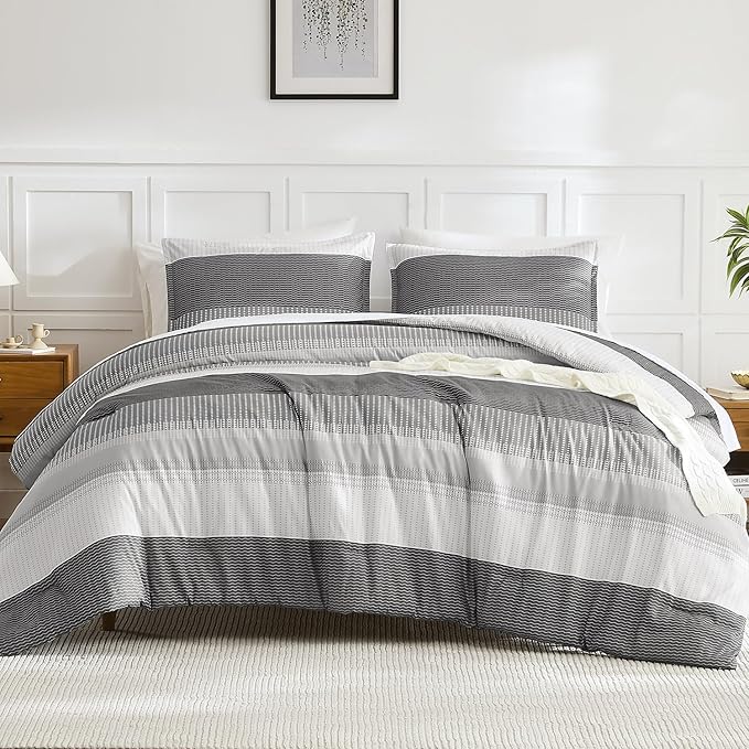 Litanika Dark Grey California King Comforter Set - 3 Pieces Cal King Oversized Lightweight Summer Colorblock Stripe Bedding Set (104x96In, 2 Pillowcases)