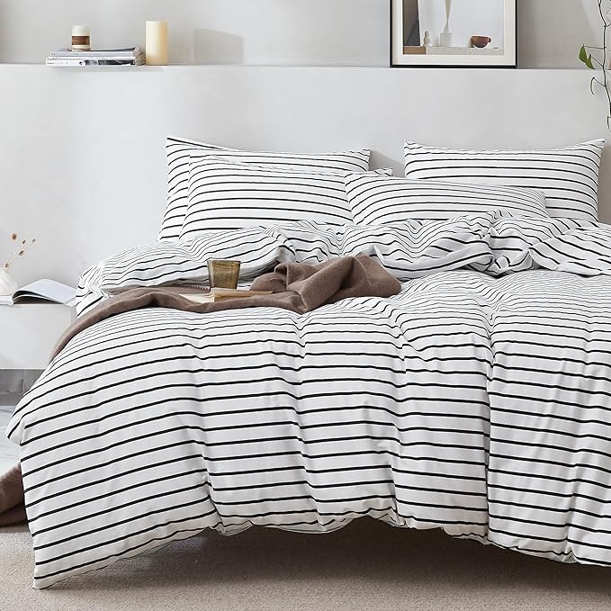 JELLYMONI 100% Natural Cotton 2pcs Striped Duvet Cover Sets, White Duvet Cover with Thick Black Stripes Pattern Printed Comforter Cover, with Zipper Closure & Corner Ties(Twin Size)