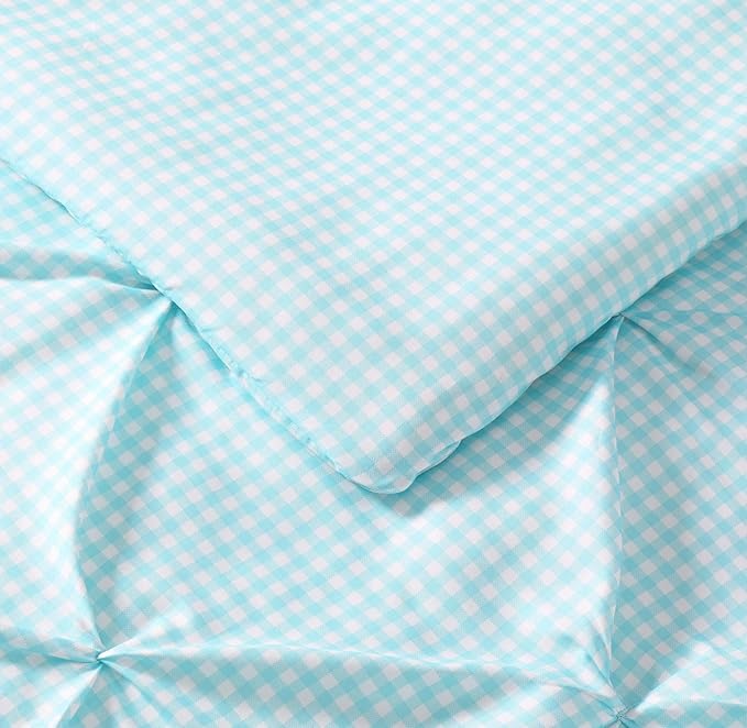 My World Printed Gingham Pinch Pleat Kids Comforter Set, Twin XL, White/Aqua