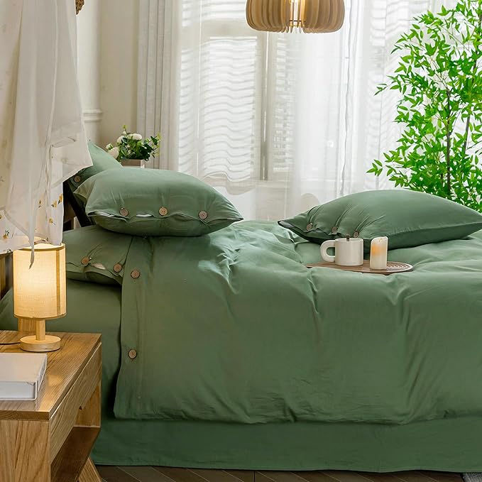 JELLYMONI Cotton Duvet Cover Oversized King Size - Green Comforter Cover with Button 100% Washed Cotton 3PCS Breathable Soft Solid Bedding Set Duvet Cover 120×98in & 2 Pillowcases (NO Comforter)