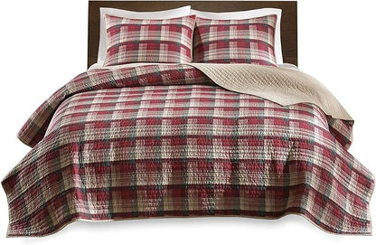 Woolrich Reversible Quilt Cabin Lifestyle Design - All Season, Breathable Coverlet Bedspread Bedding Set, Matching Shams, Oversized Full/Queen, Tasha Plaid Red/Tan 3 Piece