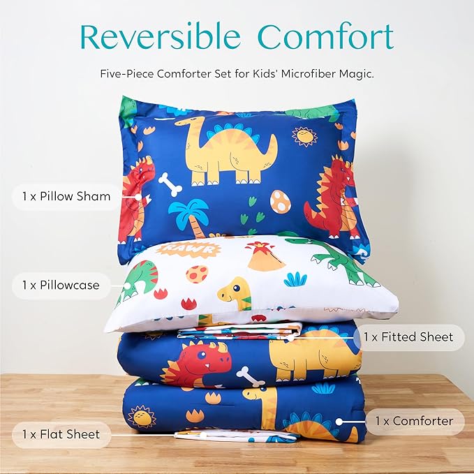 Joiedomi Kid Twin Comforter Set 5 Piece Cute Dinosaur Bedding Set for Boys Girls Super Soft Microfiber Bed in a Bag with Comforter Sheets Pillowcase Sham