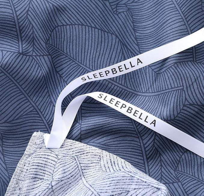 SLEEPBELLA Duvet Cover Queen Size, 600 Thread Count Cotton Navy & Grey Printed with Luxurious Blue Leaves Pattern Reversible Botanical Comforter Cover Sets, Bedding Set 3Pcs (Queen, Navy-Blue Leaves)