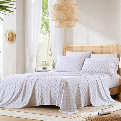 Comfort Spaces 100% Cotton Sheets Queen, Breathable, Naturally Cool Cotton Sheets, Soft Cotton Bed Sheets with 14" Elastic Pocket Fits up to 16" Mattress, All Seasons Sheet Set, Floral Pink 4 Piece