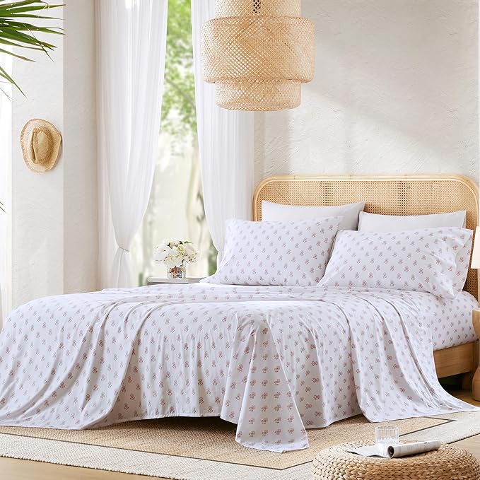 Comfort Spaces 100% Cotton Sheets Full, Breathable, Naturally Cool Cotton Sheets, Soft Cotton Bed Sheets with 14" Elastic Pocket Fits up to 16" Mattress, All Seasons Sheet Set, Floral Pink 4 Piece