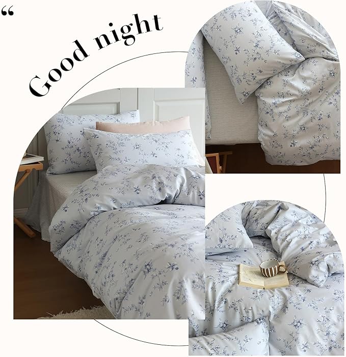 HighBuy Boho Style Comforter Set Full Size Blue Floral Print Bedding Comforters Bohemian Bedding Sets 3 Piece for All Season Comfy Soft Full Bed Comforter with 2 Pillowcases
