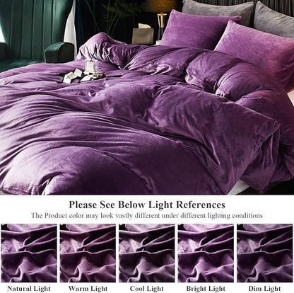 Ivellow Velvet Queen Duvet Cover Purple Comforter 3Pcs Ultra Soft Breathable Luxury Flannel Velour Zipper Closure Corner Tie