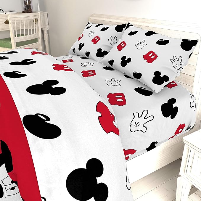 Jay Franco Kids Sheet Set with Fitted, Flat Sheets & Pillow Cover - Ultra-Soft Bedding with Pillowcase for Room Decor, White - Mickey Mouse, 4 Piece Full