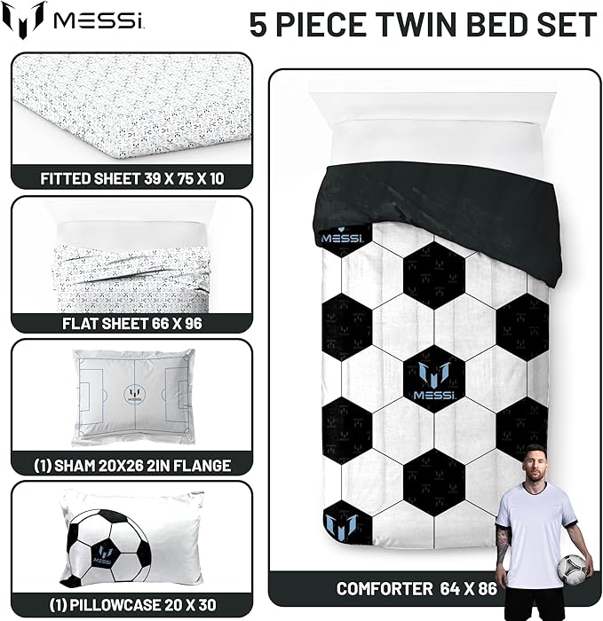 Jay Franco Kids Comforter Set Includes Sheets and Pillow Cover - Soft and Cozy Bed Set for Stylish Room Décor, White - Messi, 5 Piece Twin