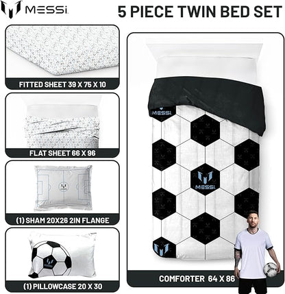 Jay Franco Kids Comforter Set Includes Sheets and Pillow Cover - Soft and Cozy Bed Set for Stylish Room Décor, White - Messi, 5 Piece Twin