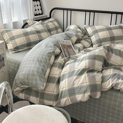 mixinni Green Grid Duvet Cover Set Twin - Vintage Buffalo Plaid Bedding Set-Green &Yellow&Beige, Soft Cotton Geometric Checkered Bedding Set with 2 Pillowcases for Boys, Girls, Teens