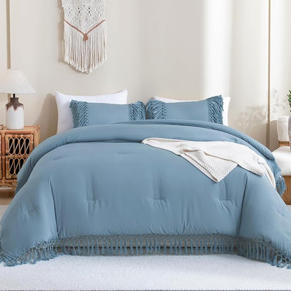 Andency Grayish Blue Full Size Comforter Set, 3 Pieces Boho Tassel Lightweight Soft Bedding Comforter Sets, All Season Fluffy Fringe Bed Set (79x90In Comforter & 2 Pillowcases)