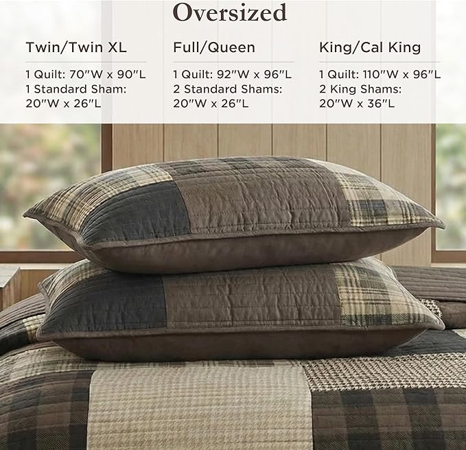 Woolrich Reversible Cotton Quilt Set - Cottage Styling Reversed to Solid Color, All Season Patchwork Lightweight Coverlet, Matching Shams, Winter Hills, Oversized Twin/Twin XL, Tan 2 Piece