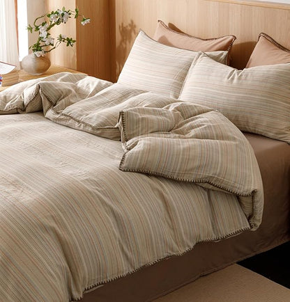 VM VOUGEMARKET Brown Tan Duvet Cover King Striped Pattern Yarn Dyed Muslin Cotton Duvet Cover with Embroidered Edge Super Soft Cozy Bedding Set for Men Women,King Size