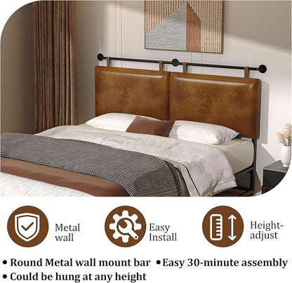 BSHOMGI King Headboard Only Wall Mount PU Leather Head Board Brown Hanging Headboards Industrial Pipe Modern Bed Backboard for Bedroom