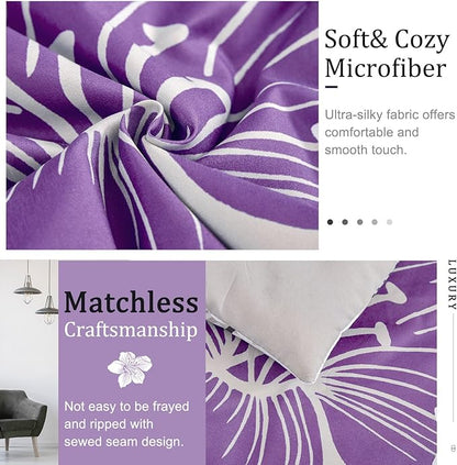 Menghomeus Floral Comforter Set Full Purple Flower Pattern Printed on Grey, Soft Microfiber Bedding Set Lightweight Boho Bed Set for All Season, 3 Piece