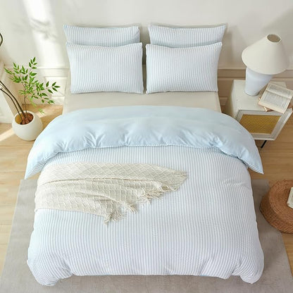 Comforter Queen Set Light Blue Striped Soft Luxury Washed Microfiber Jacquard 3 Pieces Bedding, White Light Blue Vertical Ticking Stripes Comforter with 2 Pillowcases Breathable Durable Comfy