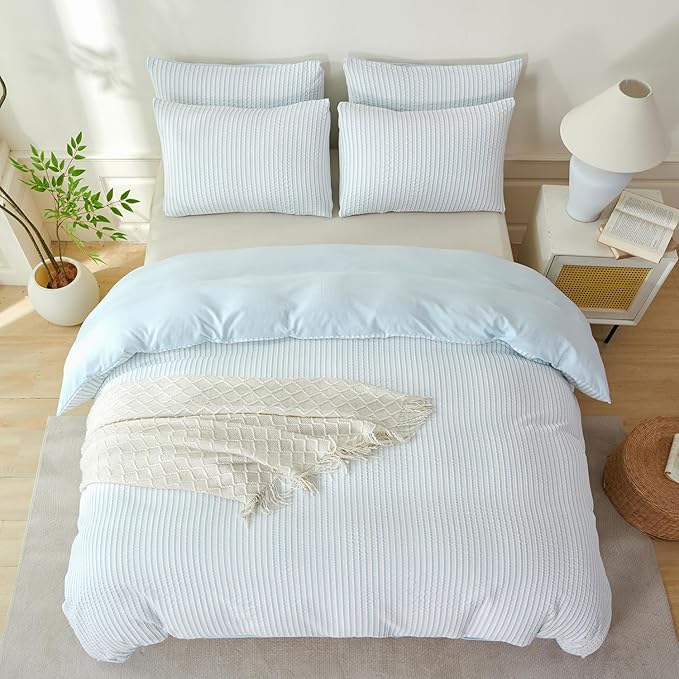 Comforter King Set Light Blue Striped Soft Luxury Washed Microfiber Jacquard 3 Pieces Bedding, Light Blue Vertical Ticking Stripes Pattern Comforter with 2 Pillowcases Breathable Durable Comfy