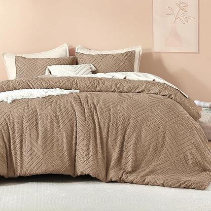 Litanika Super King Comforter Taupe, 3 Pieces Tufted Boho Farmhouse Bedding Comforter Set, Lightweight Fluffy All Season Comforter Set (120x120In Comforter & 2 Pillowcases)