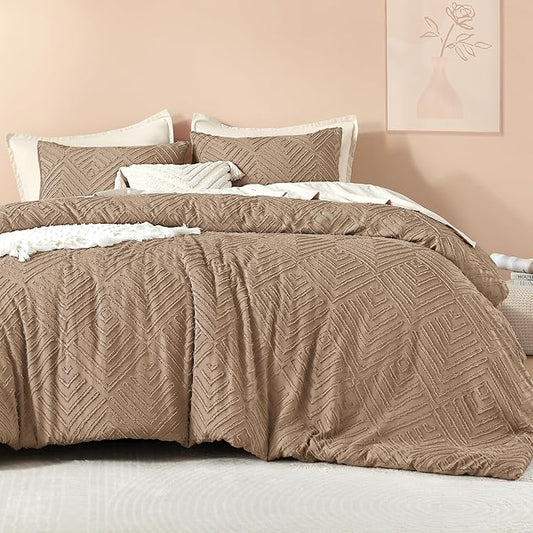 Litanika Super King Comforter Taupe, 3 Pieces Tufted Boho Farmhouse Bedding Comforter Set, Lightweight Fluffy All Season Comforter Set (120x120In Comforter & 2 Pillowcases)